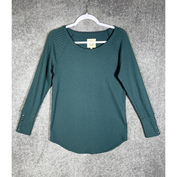 Chasor‎ Thermal Knit Button Cuff Pullover Top Womens Size Medium Teal Curved Hem - Picture 1 of 14